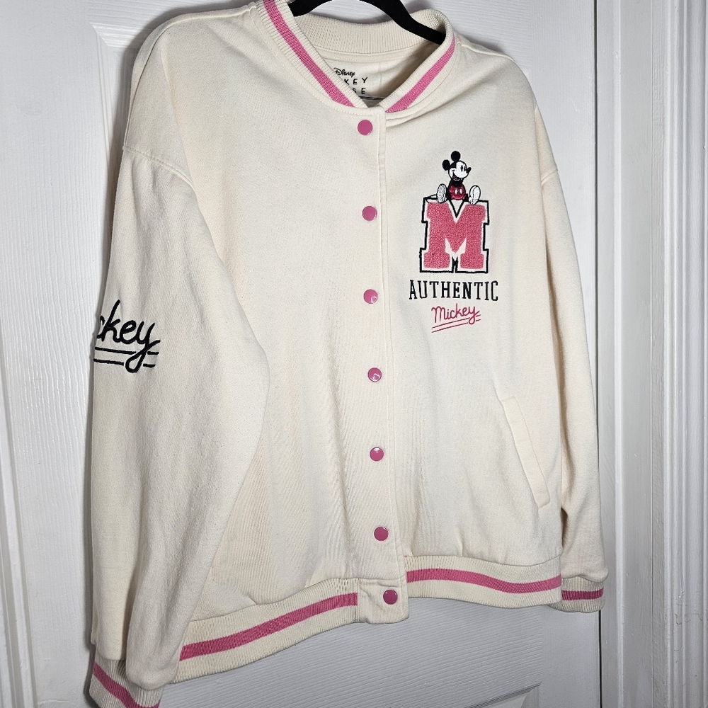 DISNEY MICKEY MOUSE XL Bomber Varsity Embroidered Jacket Pink Ivory Buttoned - Picture 4 of 13